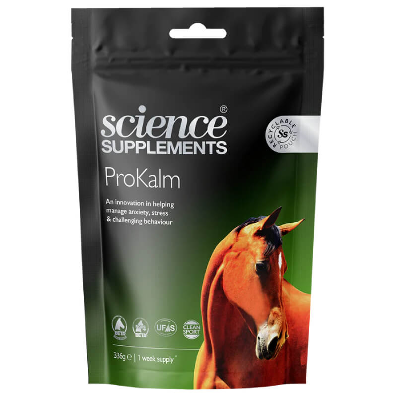 A black pouch of Science Supplements ProKalm 336g with a brown horse on the front.