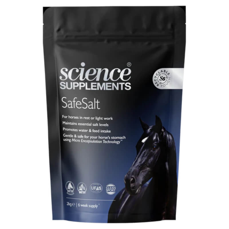 A black pouch of Science Supplements SafeSalt, a horse-friendly electrolyte supplement.