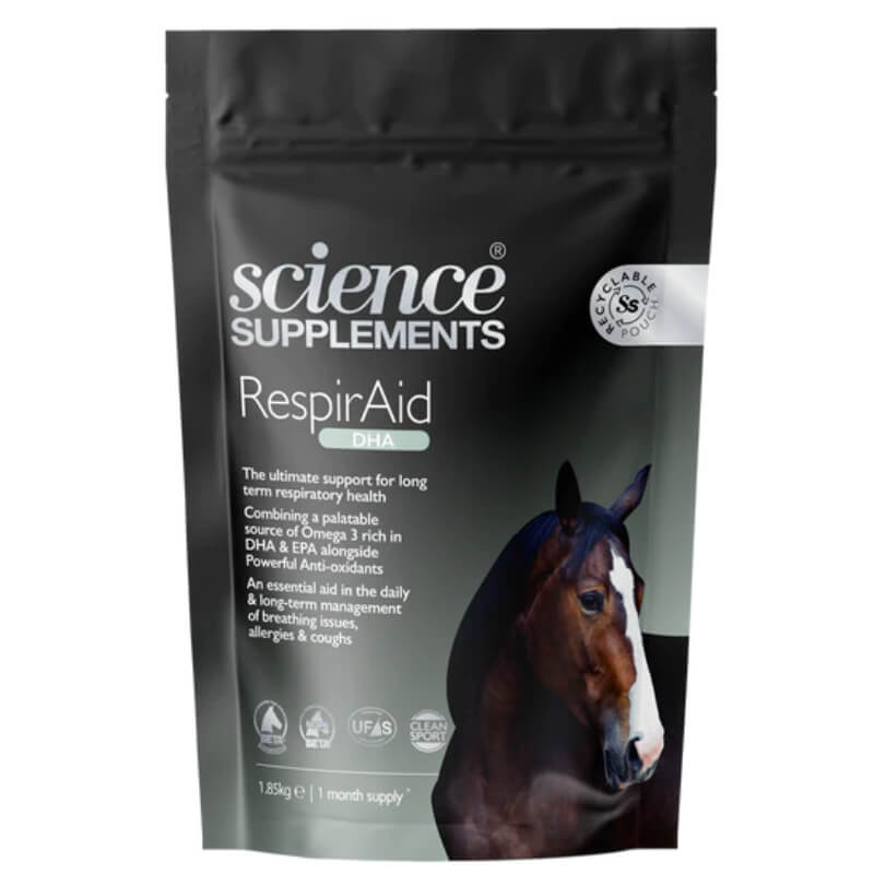 A black and white pouch of Science Supplements RespirAid DHA 1.85kg for horse respiratory support.