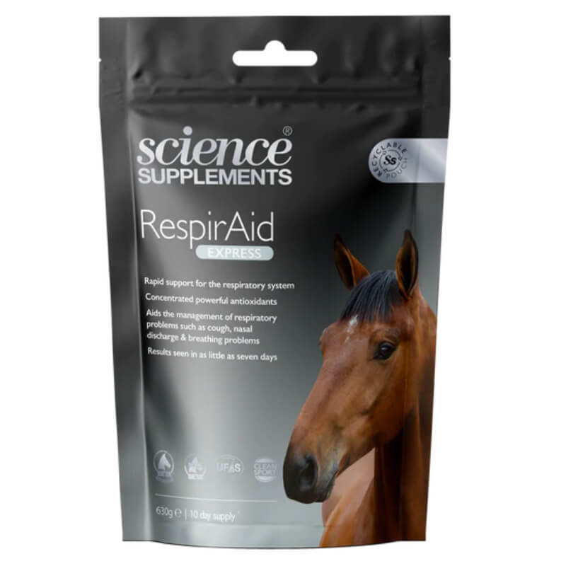A black 630g packet of Science Supplements RespirAid Express for horse respiratory support.