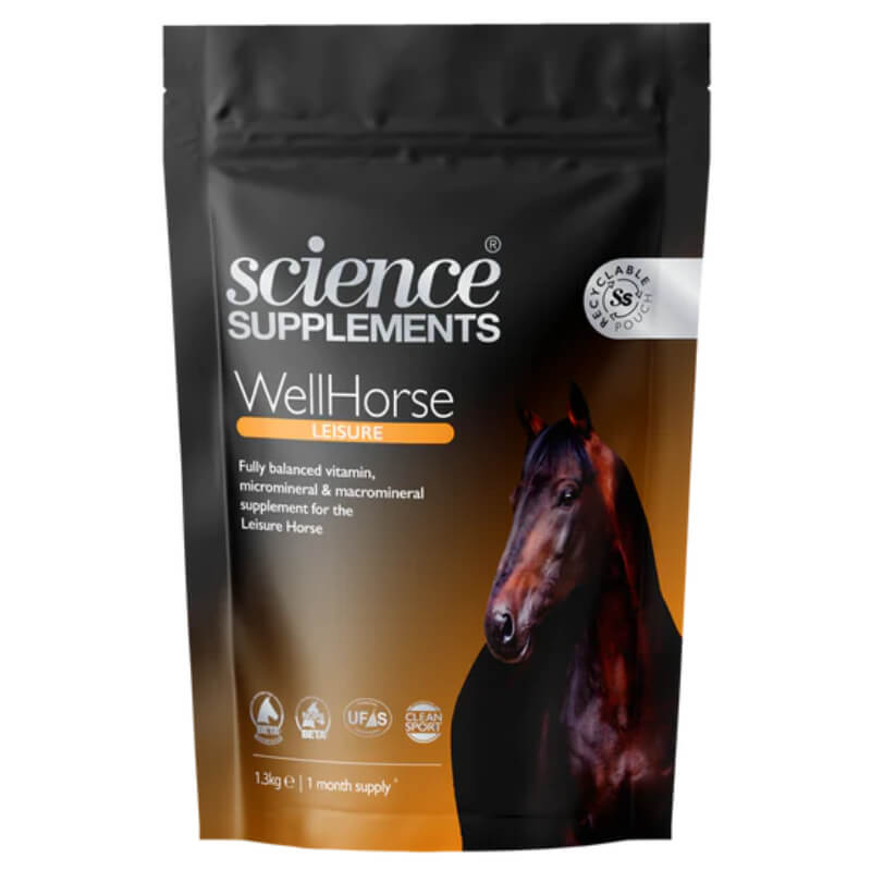A black bag of Science Supplements WellHorse Leisure 1.3kg horse vitamin and mineral balancer.
