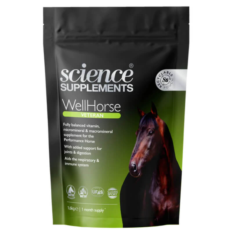 Science Supplements WellHorse Veteran 1.6kg offers balanced nutrition for older horses.