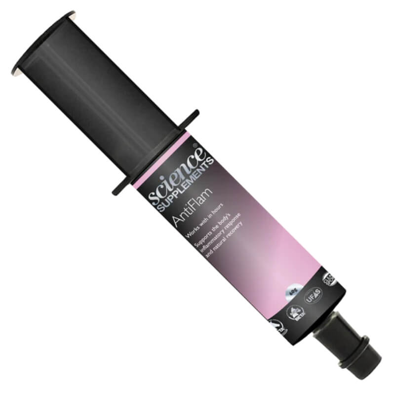 Science Supplements Anti-Flam Syringe in black and purple for horse recovery on white background.