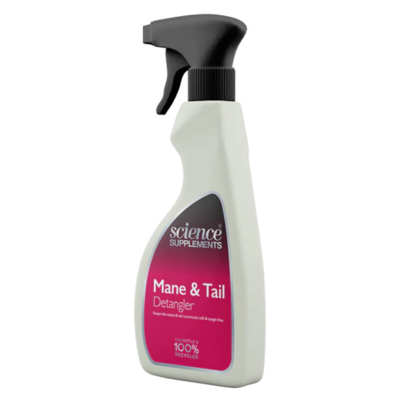 White spray bottle of Science Supplements Mane &amp; Tail Detangler, a leave-in conditioner for horses.