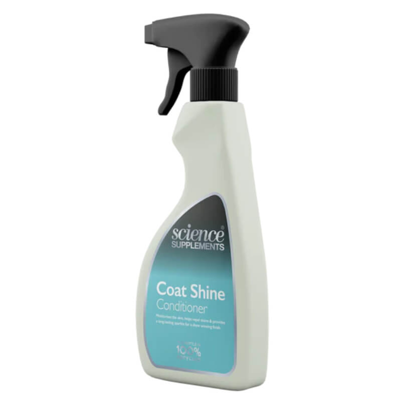 Science Supplements Coat Shine &amp; Condition Spray in white bottle with anti-static formula.