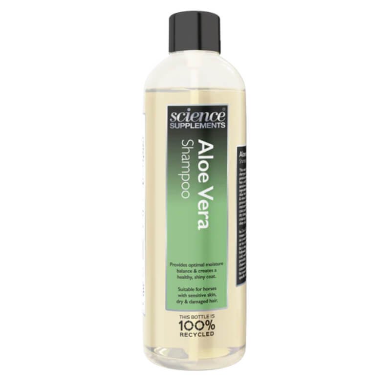 Science Supplements Aloe Vera Shampoo: clear bottle, black cap, green label, for sensitive skin.