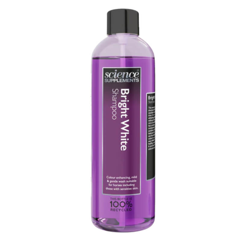Purple bottle of Science Supplements Bright White Shampoo with black and white label for horses.