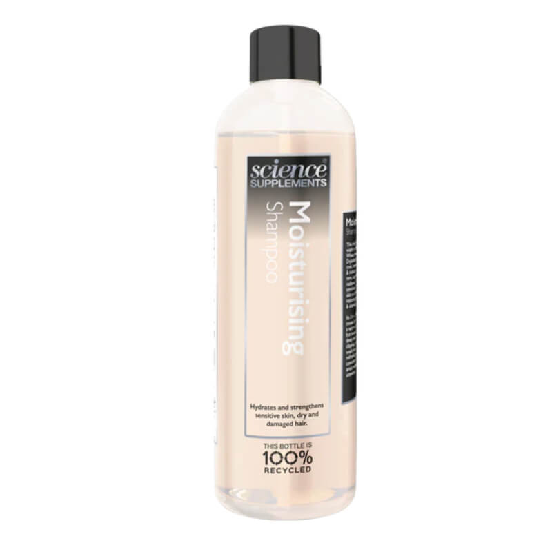 Clear bottle of Science Supplements Moisturising Shampoo with a black and white label.