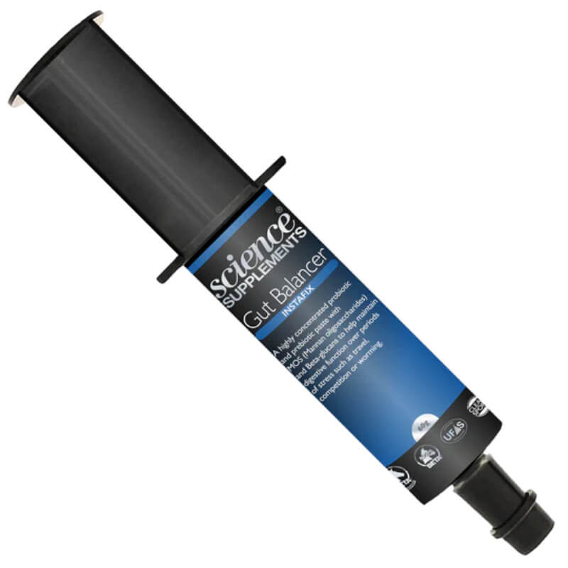 A black Science Supplements Gut Balancer InstaFix Syringe on a white background.