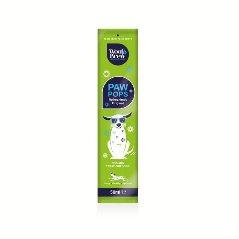 Woof &amp; Brew PawPops 10x50ml sachets for dogs, featuring a cartoon dog in sunglasses.
