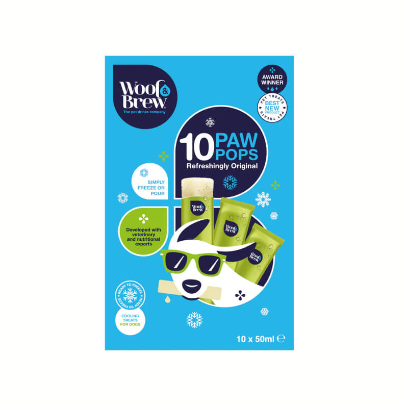 Woof & Brew PawPops 10x50ml freeze dog treats with cool dog illustration on the box.