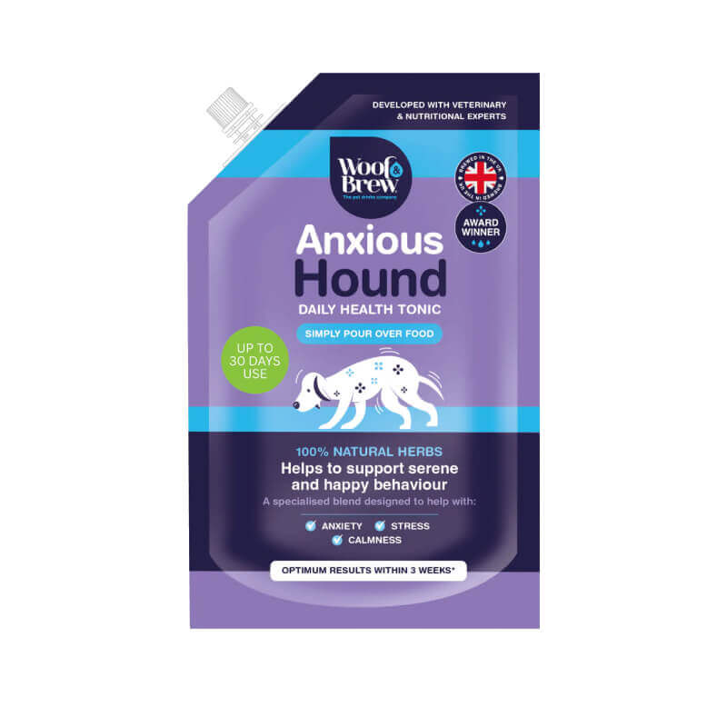 Purple pouch Pet n Pony Woof &amp; Brew Anxious Hound 300ml calming tonic for dogs, white dog art.