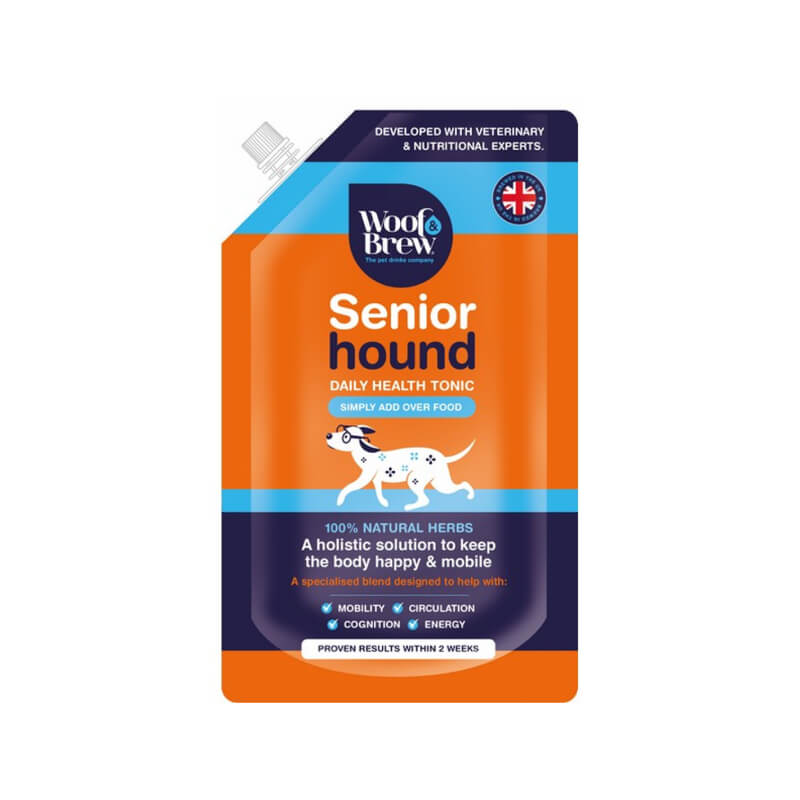 Pet n Pony Woof & Brew Senior Hound 300ml pouch, orange with dog illustration and details.