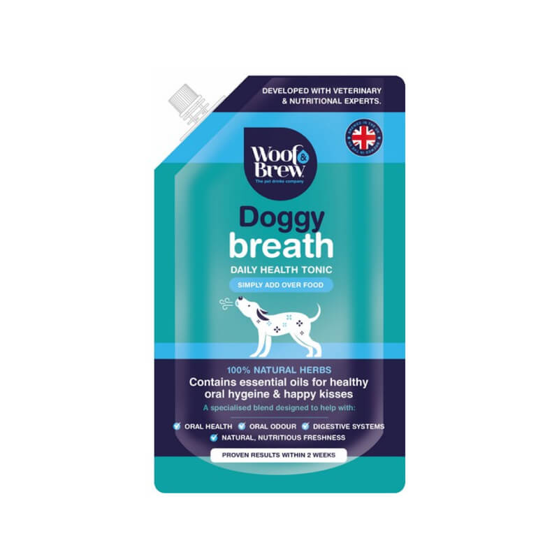 Pet n Pony Woof &amp; Brew Doggy Breath 300ml blue pouch, UK flag top right.