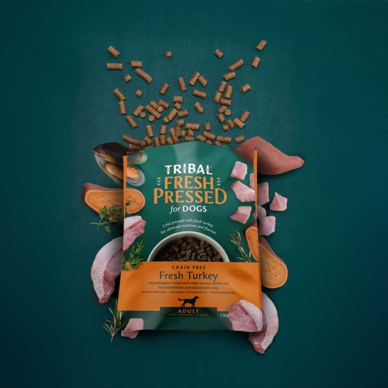 Tribal Fresh Pressed Dry Dog Food Adult Turkey with sweet potato and kibble pieces.