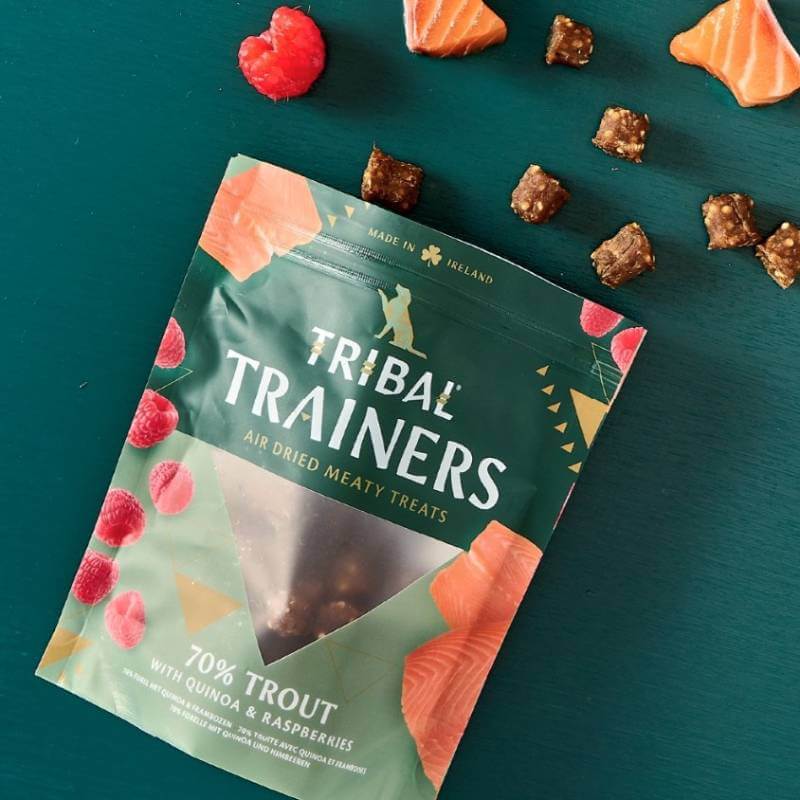 Tribal Trainers Dog Treats Trout &amp; Raspberry 80g features tasty, high-reward, fish-shaped snacks.