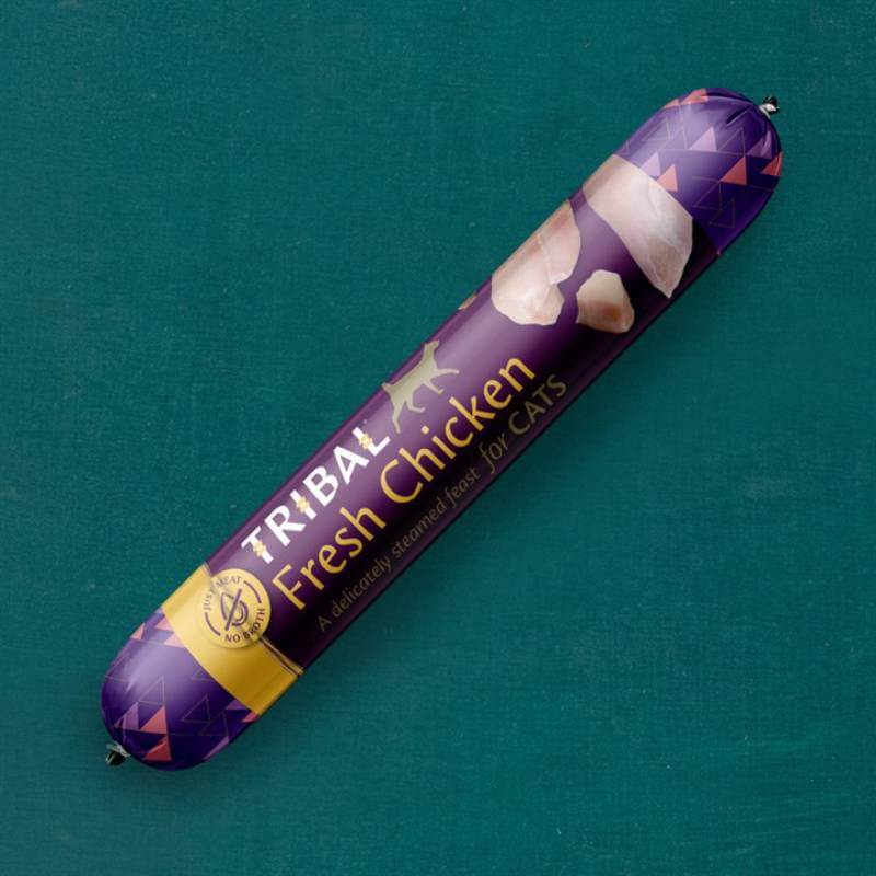 Tribal Cat Sausage 100g by Tribal on a teal background.