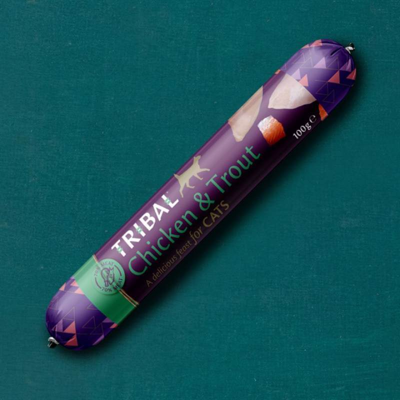 A Tribal Cat Sausage 100g by Tribal on a teal background.