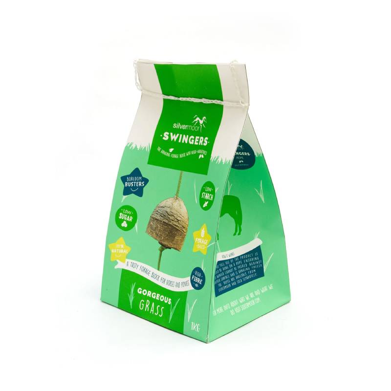 Green and white 1kg Silvermoor Swinger Gorgeous Grass low sugar hanging forage block.