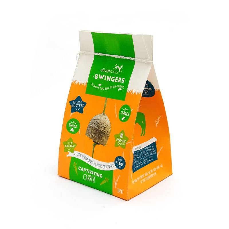 Orange and white bag of Silvermoor Swingers Carrot Ball, a natural horse treat, 1kg.