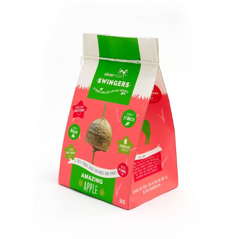 Silvermoor Swingers Amazing Apple Ball in a pink and green box for horses.