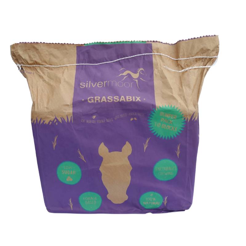 A brown and purple Silvermoor Grassabix Bumper Pack 10x1kg—dried grass forage blocks for horses.