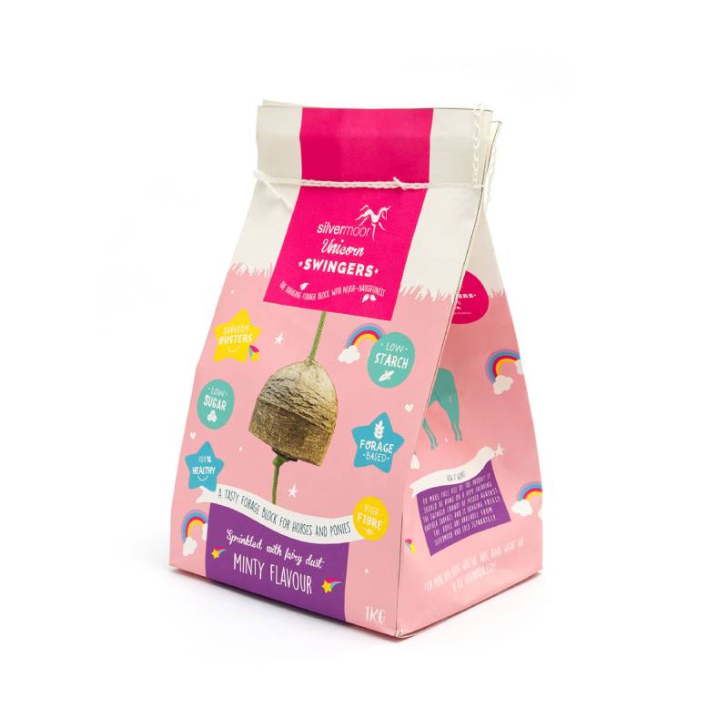 Pink and white bag of Silvermoor Swingers Unicorn, a natural horse treat and hanging forage block.