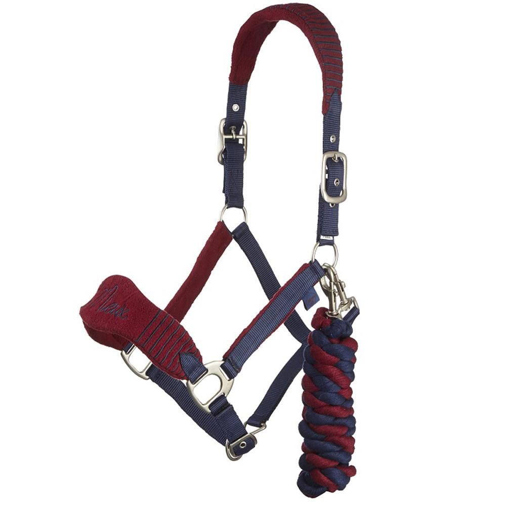LeMieux Vogue Fleece Headcollar Set in blue/maroon with matching leadrope attached.