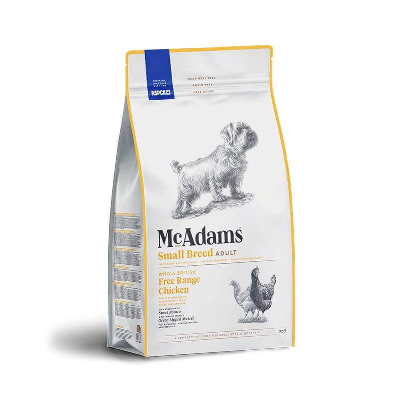 McAdams Dry Dog Food Small Breed Chicken with dog and chicken illustrations on the bag.