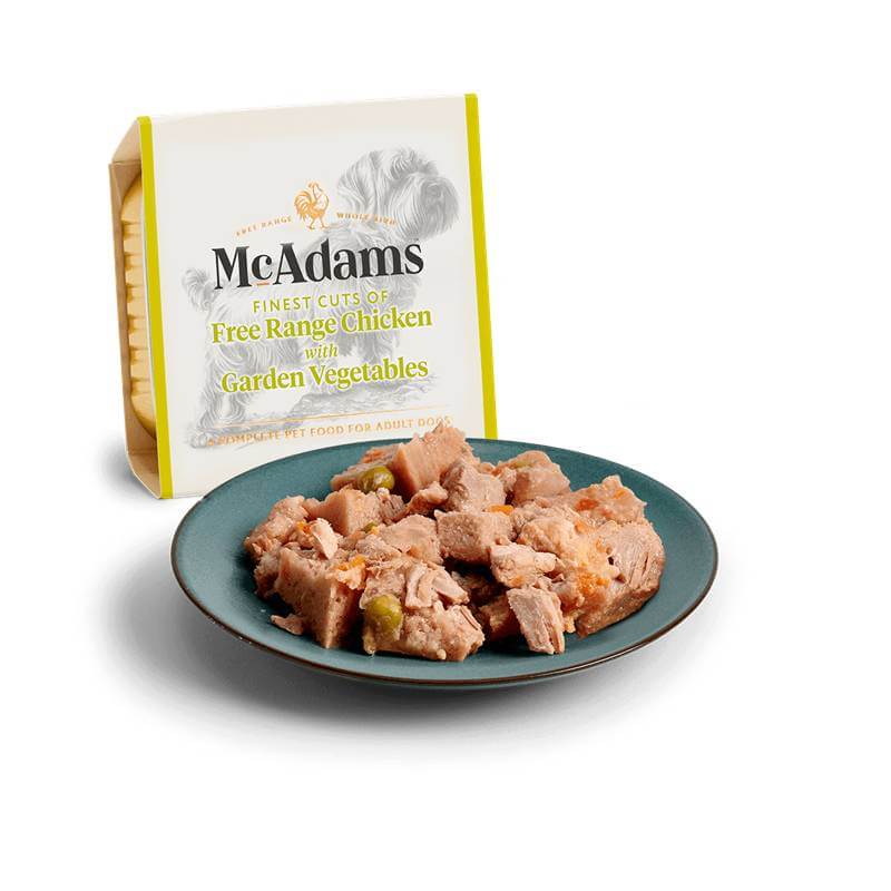 A plate of McAdams Wet Dog Food Free Range Chicken with Garden Veg 150g.