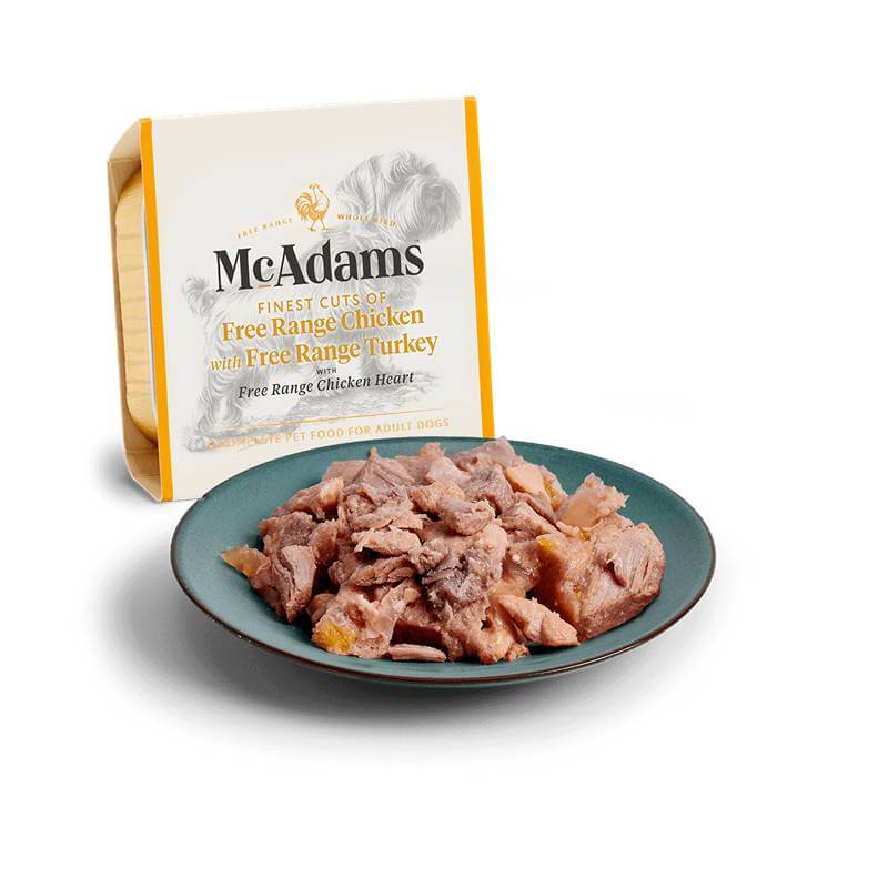 Shredded meat served with McAdams Wet Dog Food Free Range Chicken, Turkey &amp; Heart 150g.
