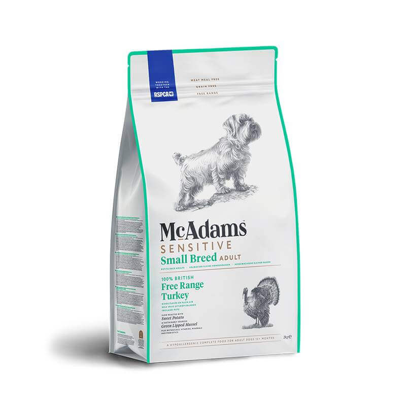 McAdams Dry Dog Food Small Breed Turkey Sensitive for small dogs with sensitivities.