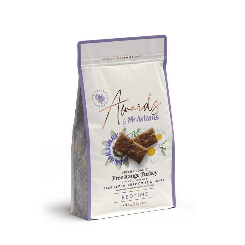 McAdams Restful Sleep Turkey treats with passiflora &amp; honey, 150g; flowers on front.