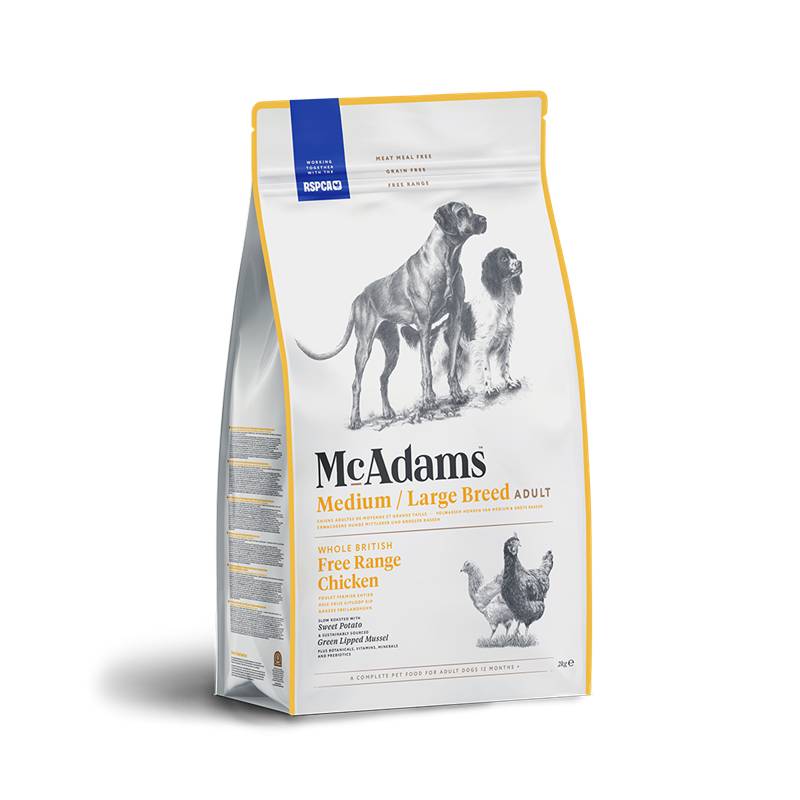 McAdams Dry Dog Food for medium/large breeds with chicken, features dogs and a chicken image.