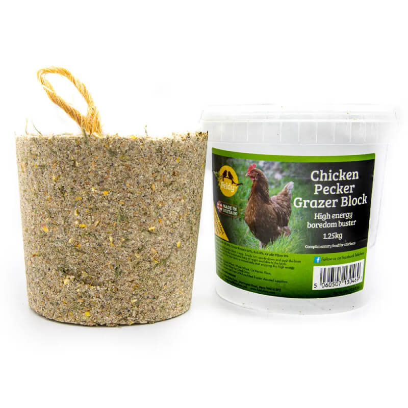 Feldy Chicken Pecker Block 1.25kg poultry treat in branded container with chicken label.