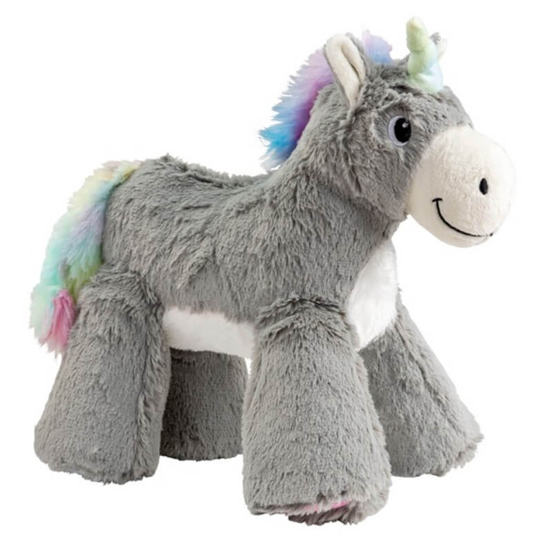 House of Paws Big Paws Unicorn: Gray plush dog toy with rainbow mane and a smiling face.