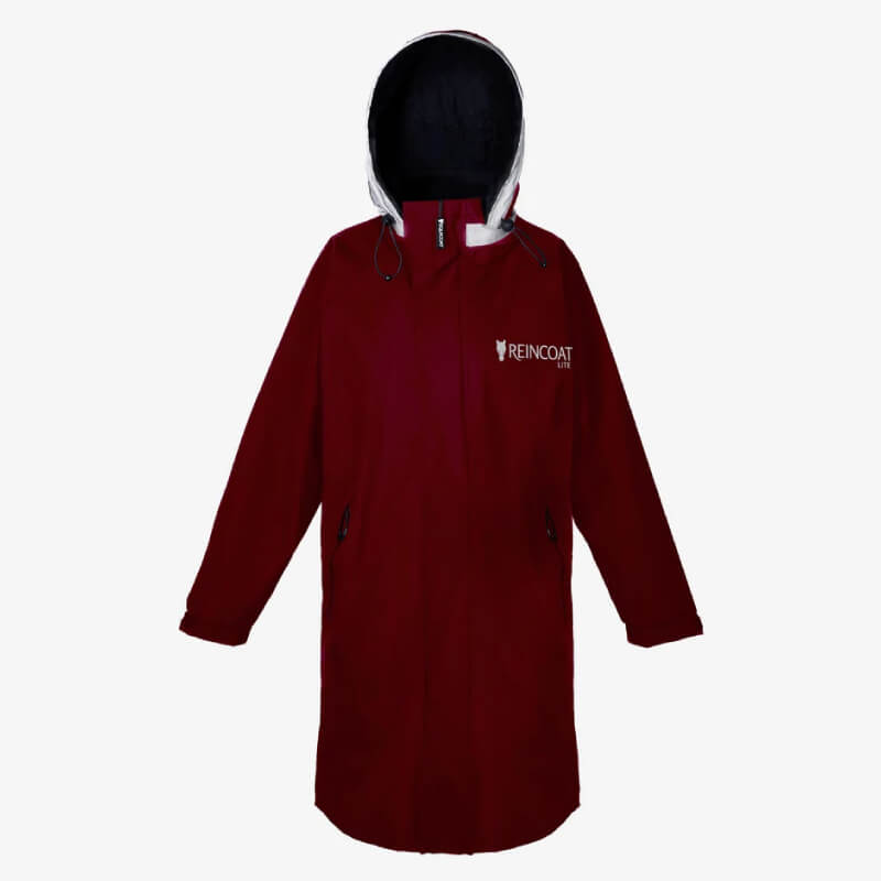 Reinwear Reincoat Lite Adult Burgundy rain jacket with hood, shown on a white background.
