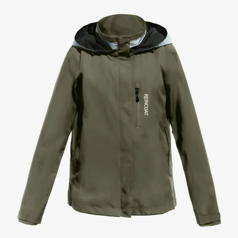 Reinwear Reincoat Air Adult Olive raincoat with hood and chest zip, on white background.