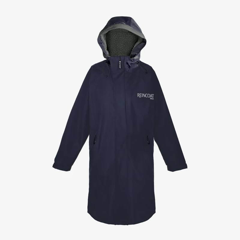 Reinwear Reincoat Pro Kids Midnight Navy waterproof hooded coat, logo on chest, on white.