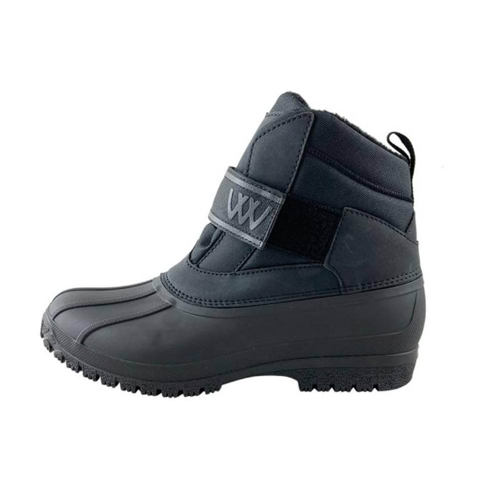 Woof Wear WW Short Yard Boots Junior in black, Velcro strap, rugged sole, side view.