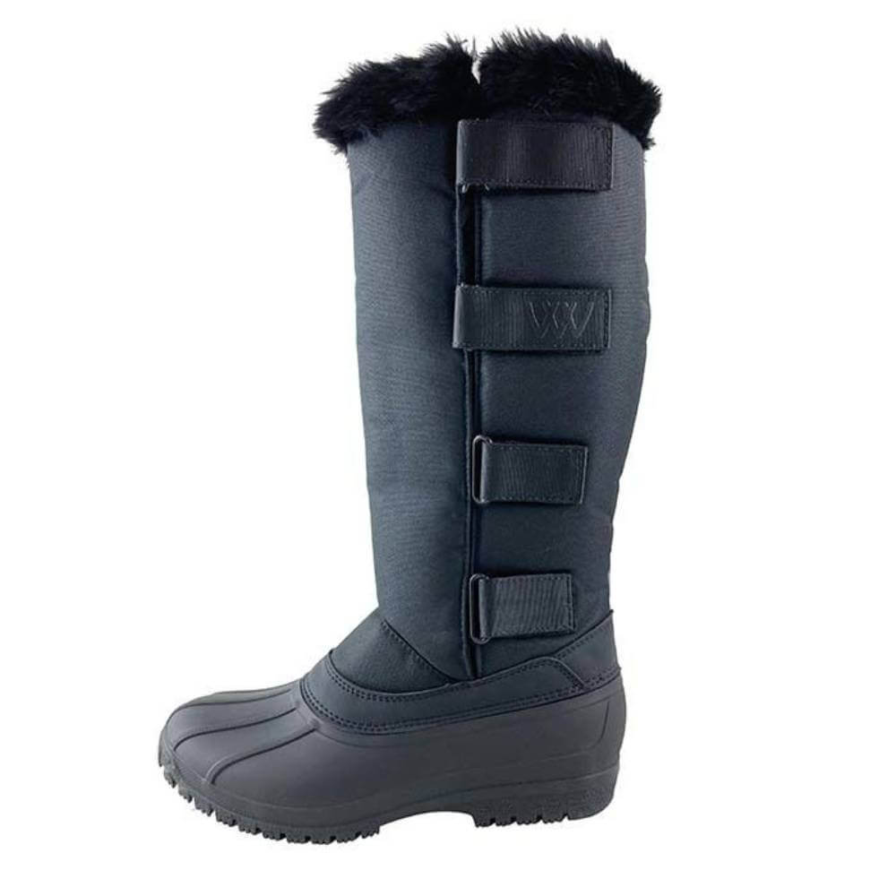 Woof Wear Long Yard Boot Junior: black with fur trim, fleece lining, velcro straps, rubber sole.