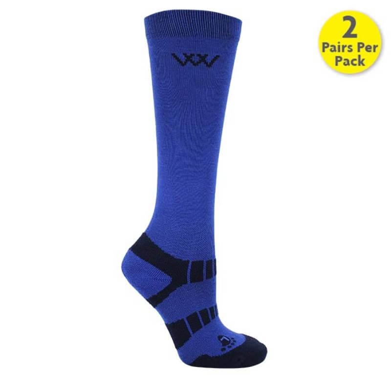 A single Woof Wear WW Young Rider Pro Socks Electric Blue, 2 Pairs Per Pack label top right.