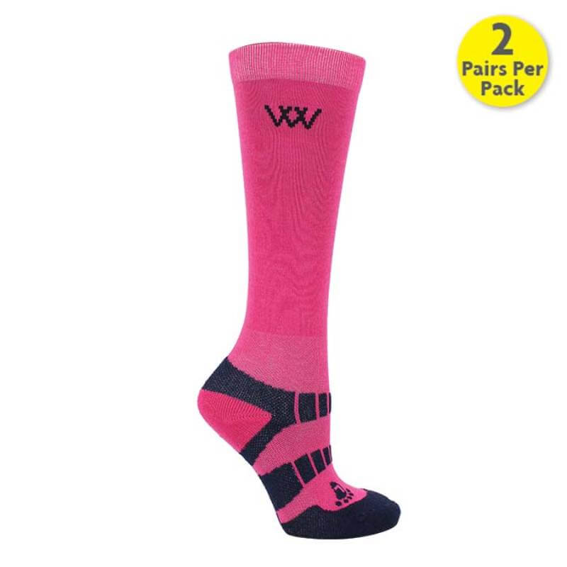 Woof Wear Young Rider Pro Socks Pink/Navy, 2 pairs per pack, shown in a yellow circle.