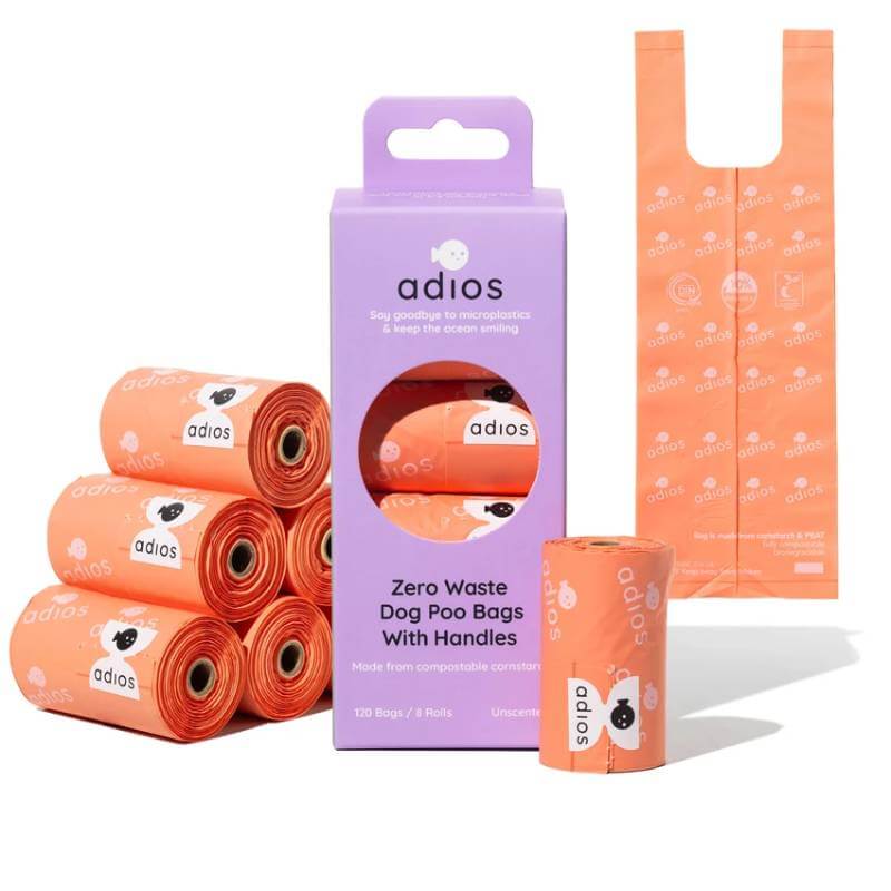 Adios Compostable Dog Poo Bags With Handles Coral Pink 8pk 120 Bags