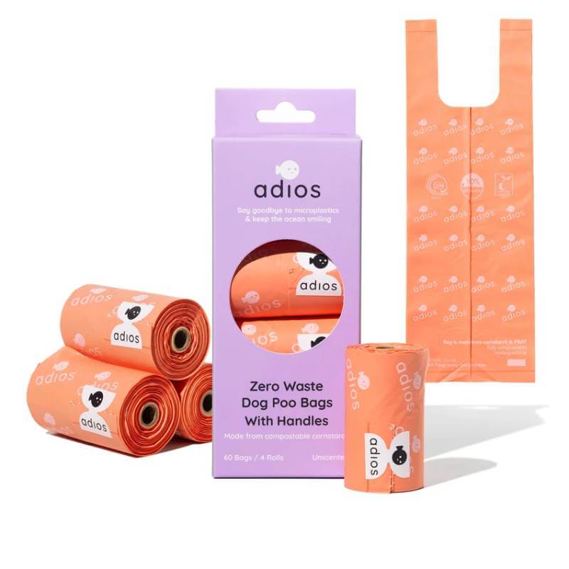 Adios Compostable Dog Poo Bags With Handles Coral Pink 4pk 60 Bags