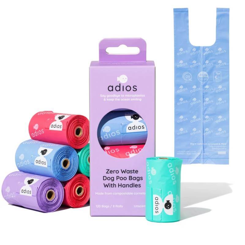 Adios Compostable Dog Poo Bags With Handles Rainbow 8pk 120 Bags