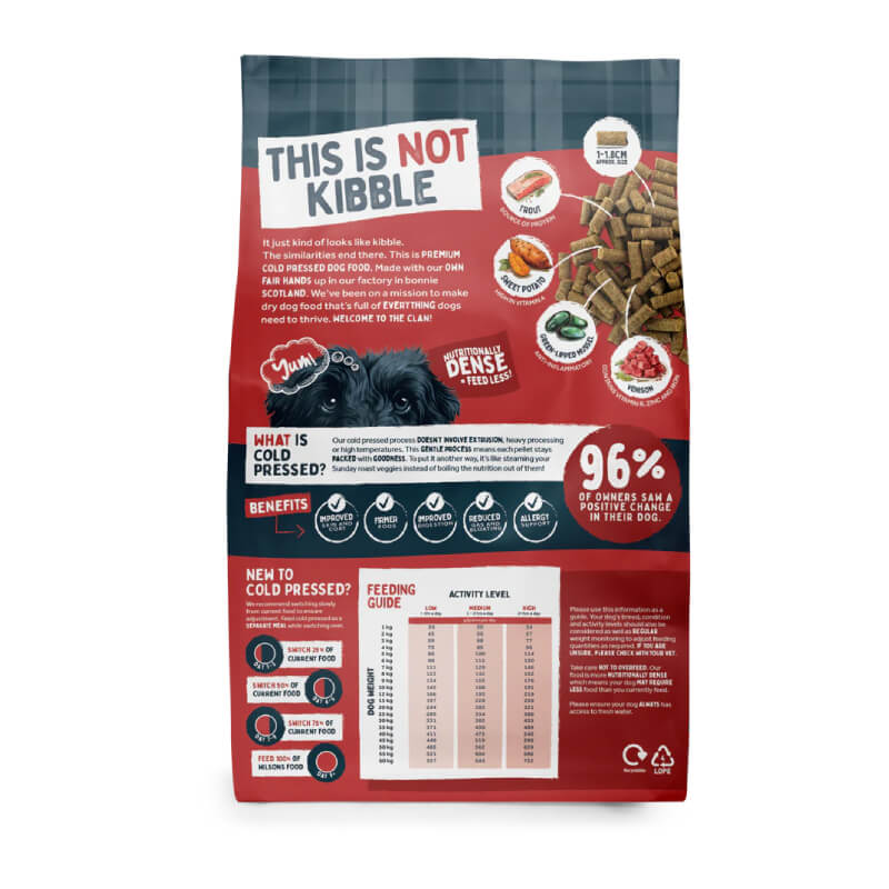 Wilsons Premium British Cold Pressed Venison & Trout, grain free dog food with feeding guide.
