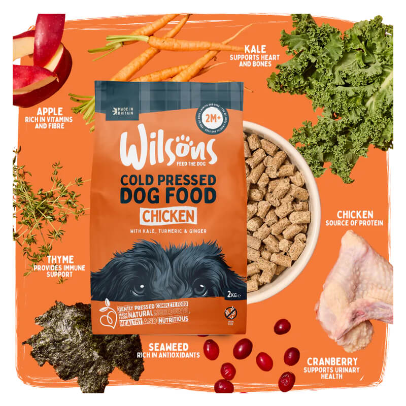 Wilsons Premium British Cold Pressed Dog Food Chicken, grain free with apple, kale, and more.