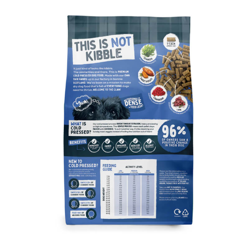 Wilsons Premium Cold Pressed Dog Food Haggis, blue bag, "THIS IS NOT KIBBLE," with feeding guide.