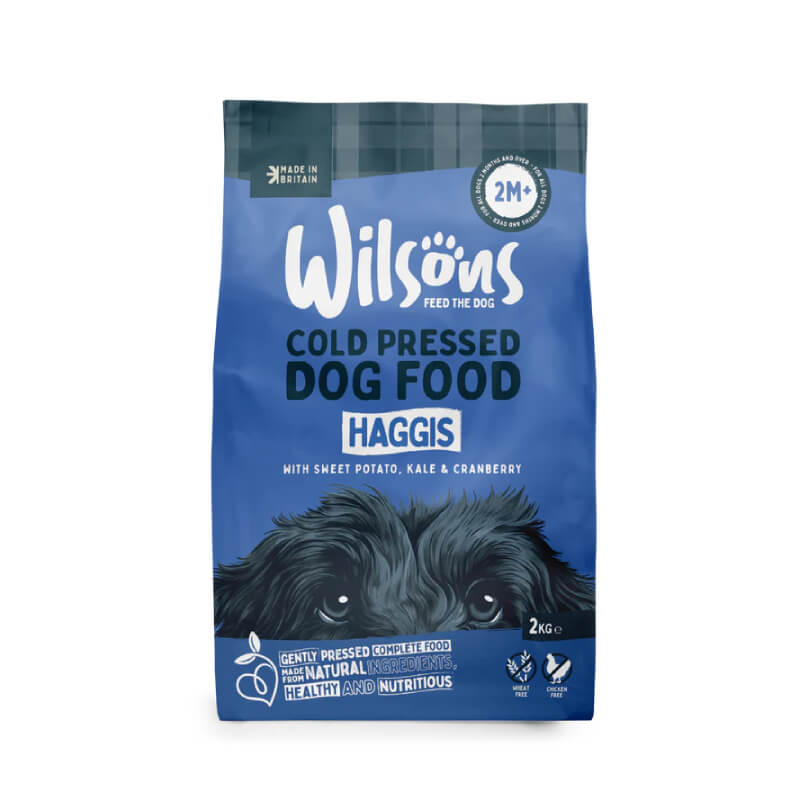 Wilsons Premium Cold Pressed Dog Food Haggis, blue bag with dog illustration.